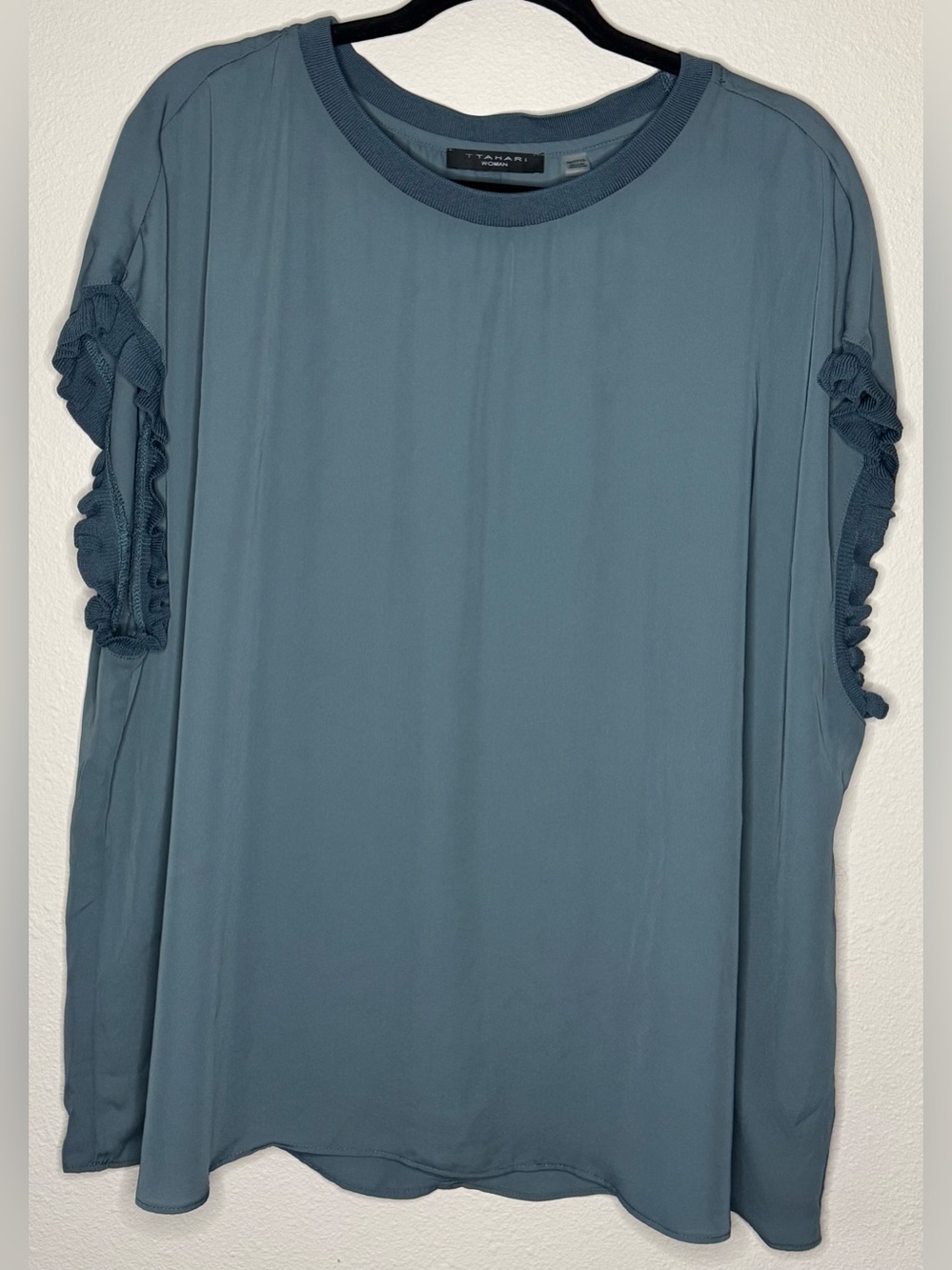Tahari Slate Blue Ruffled Short Sleeve Blouse